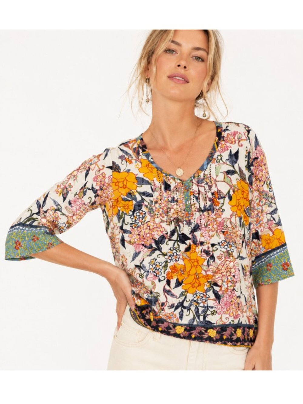 Orientique Australian Blouse Top Peasant Floral Colorful Beaded Pintuck size M